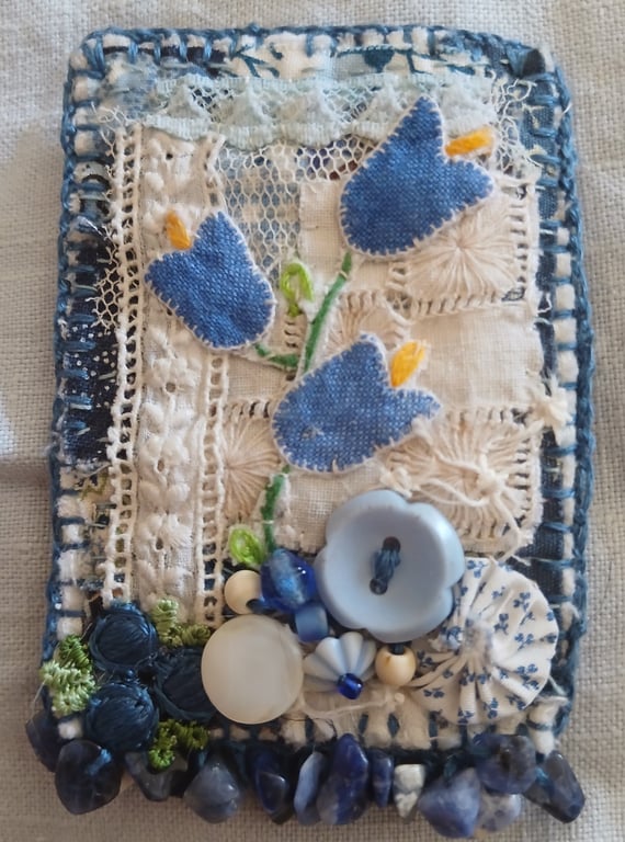 Blue flower textile art brooch