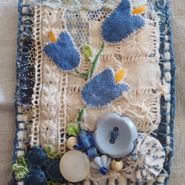 Blue flower textile art brooch