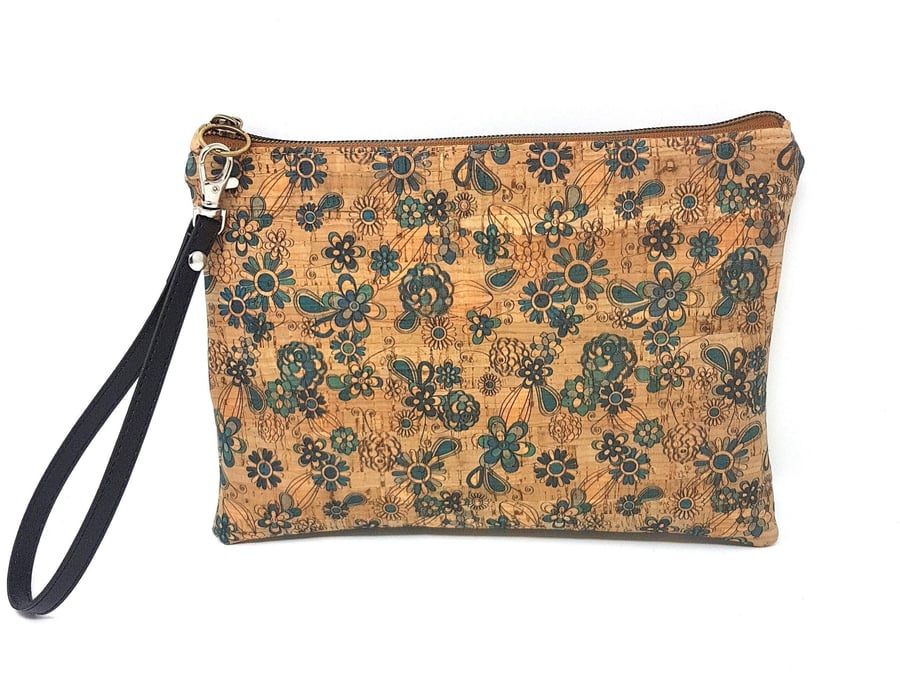 Cork Leather Green & Blue Floral Clutch Bag