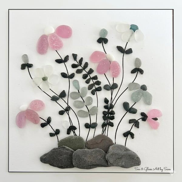 FREE postage Handmade Sea Glass Floral Picture - Framed 8x8 Coastal Art