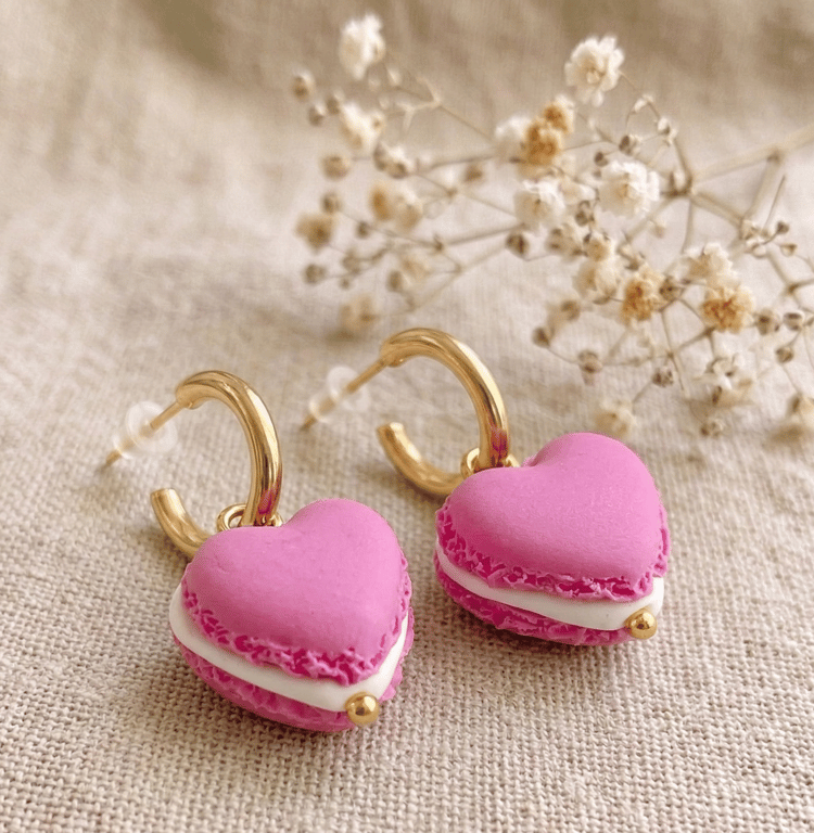 Pink Heart Macaron Earrings, Polymer Clay Food Jewelry, Cute Kawaii Gift for her
