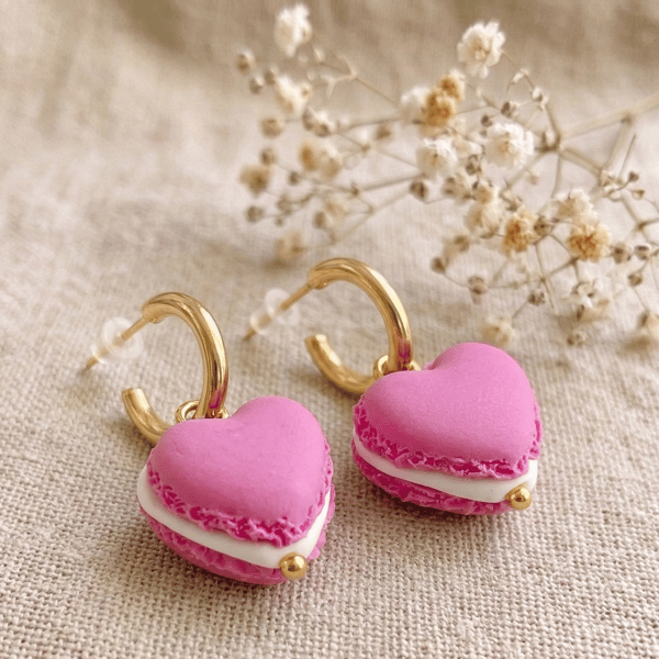 Pink Heart Macaron Earrings, Polymer Clay Food Jewelry, Cute Kawaii Gift for her