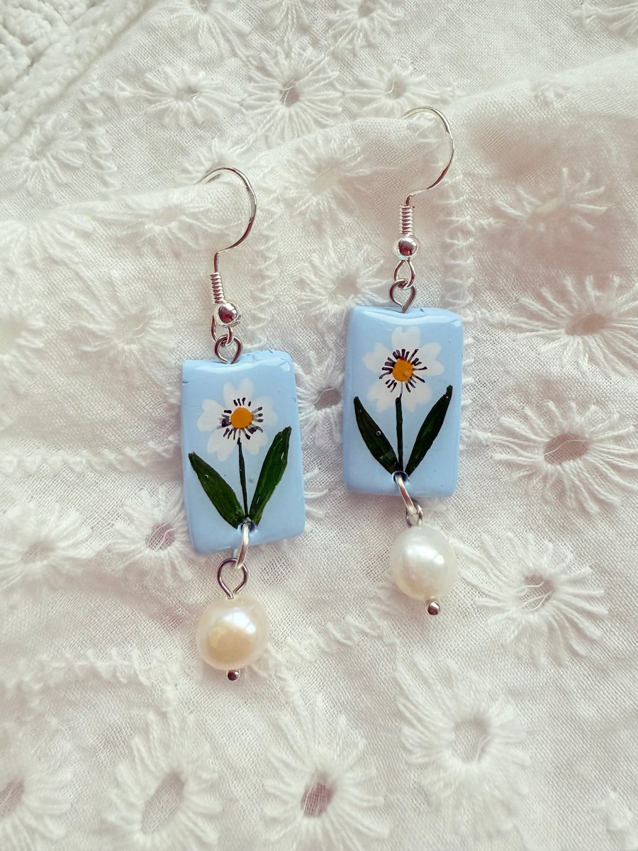 White Flower Rectangle Pearl Drop Polymer Clay Earring - FREE SHIPPING