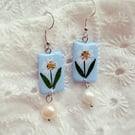 White Flower Rectangle Pearl Drop Polymer Clay Earring - FREE SHIPPING