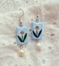 White Flower Rectangle Pearl Drop Polymer Clay Earring - FREE SHIPPING
