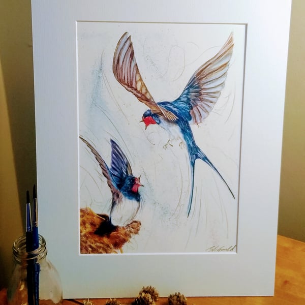 A4 signed print of an original painting - Swallows