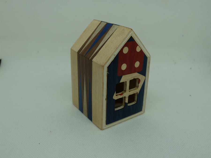 Small house shaped trinket box with drawer, backgammon design