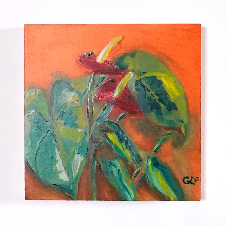 'Anthurium Nevada', an original oil painting on wood panel, 8x8 inch, (20x20cm).