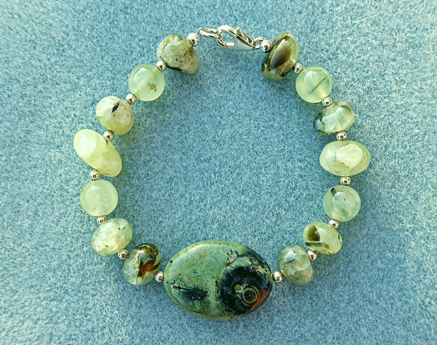 Kambaba Jasper and Green Prehnite Bracelet with Sterling Silver