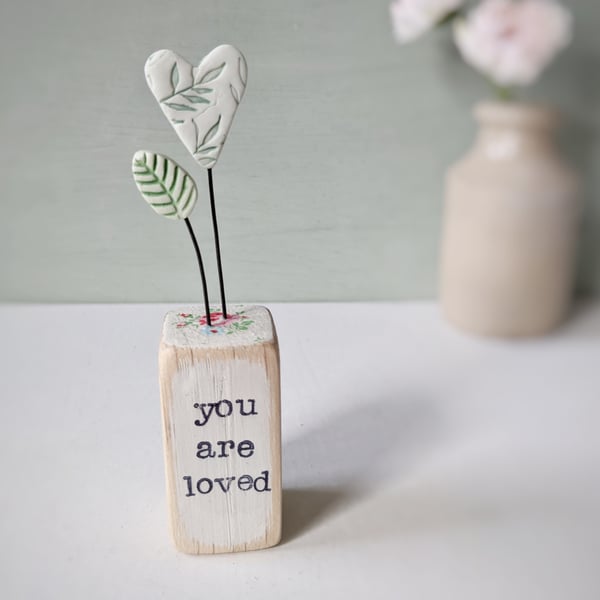 Clay Heart and Leaf in a Printed Wood Block 'You are Loved'