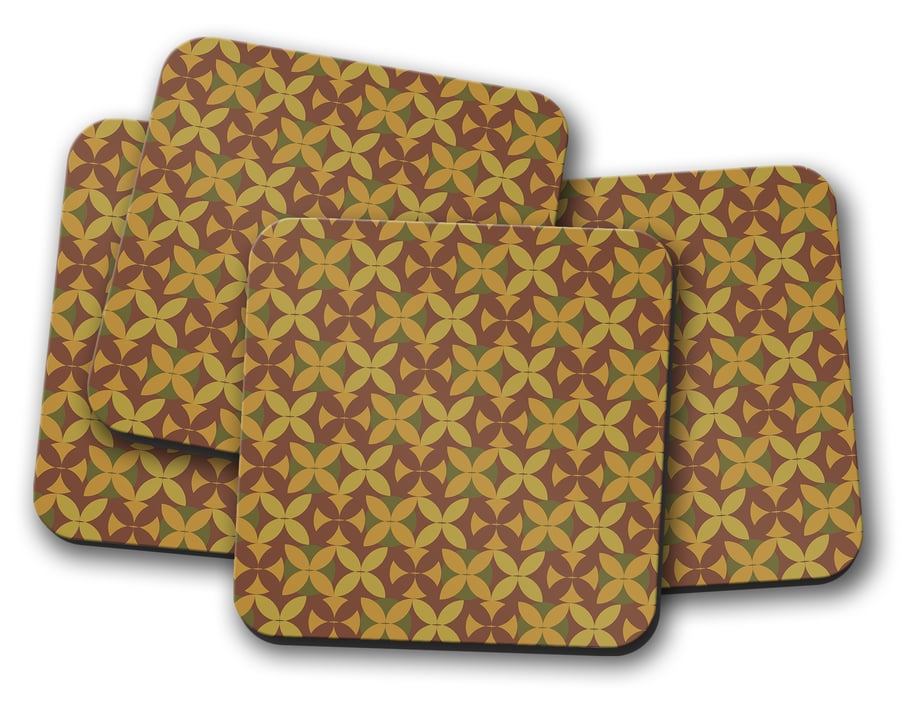 Set of 4 Retro Geometric Brown and Green Coasters