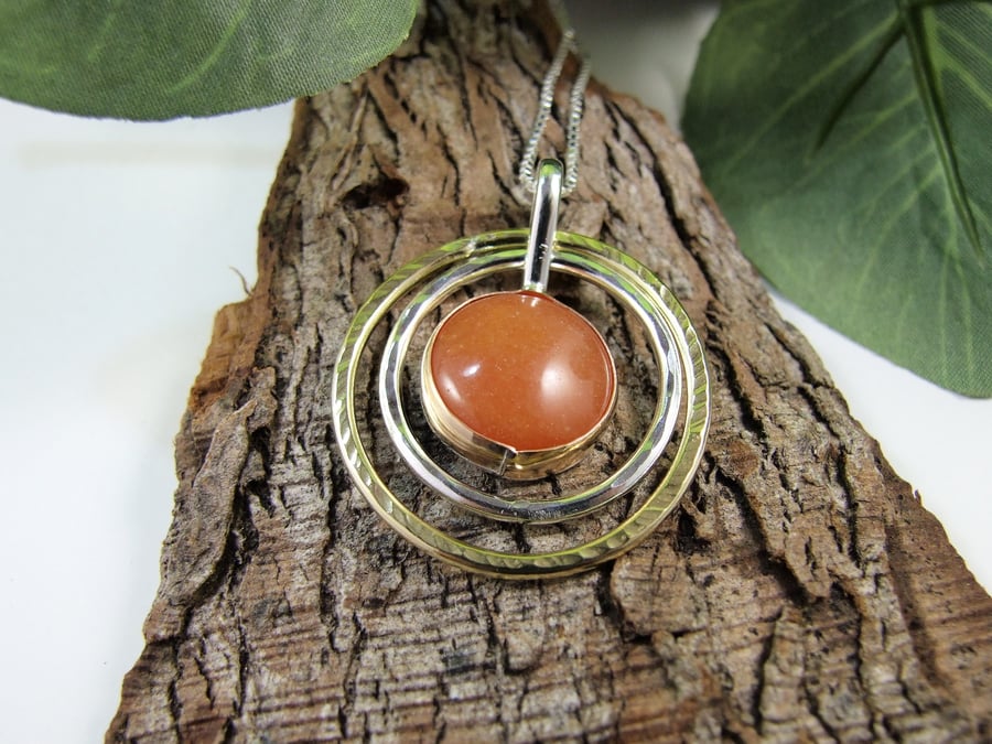 Red Aventurine Necklace, Sterling Silver & Brass Circles Spinner Pendant