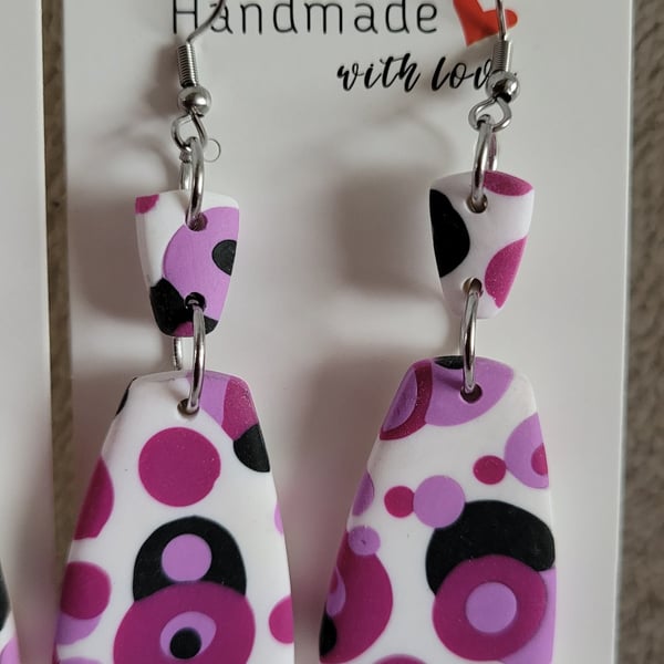 Handmade Purple Circles Polymer Clay Earrings.  316 Surgical Stainless Steel