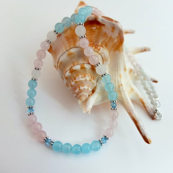 Aquamarine, Rose Quartz, Jade and Swarovski Crystal Necklace - Handmade In Devon