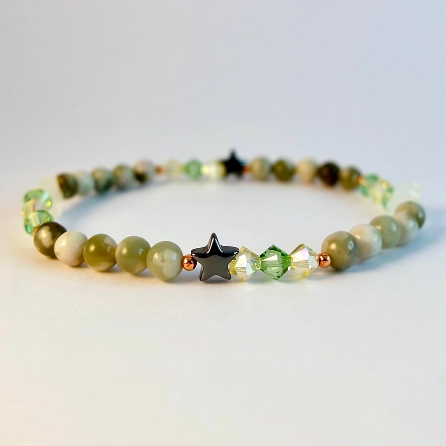 Peace Jade Bracelet With Crystals & Stars, Birthday, Anniversary, Gifts For Her