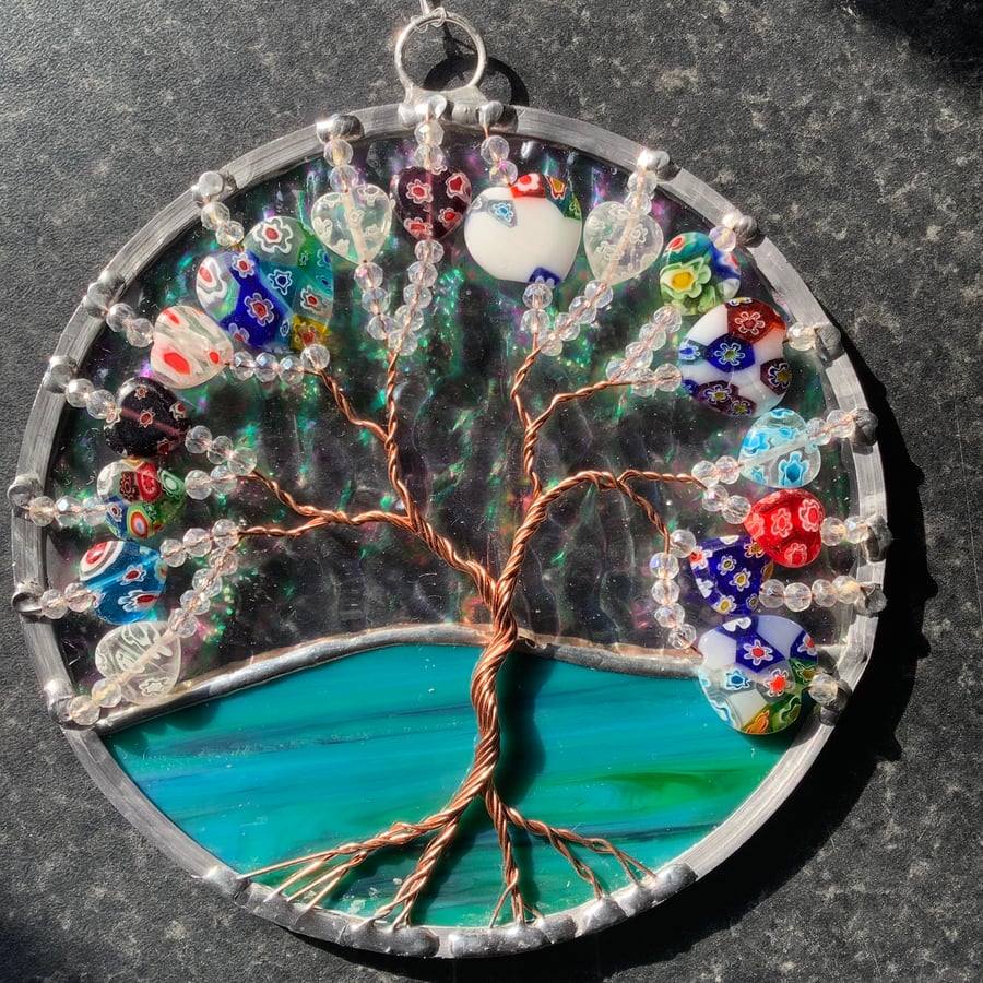 Millefiori hearts tree of life suncatcher