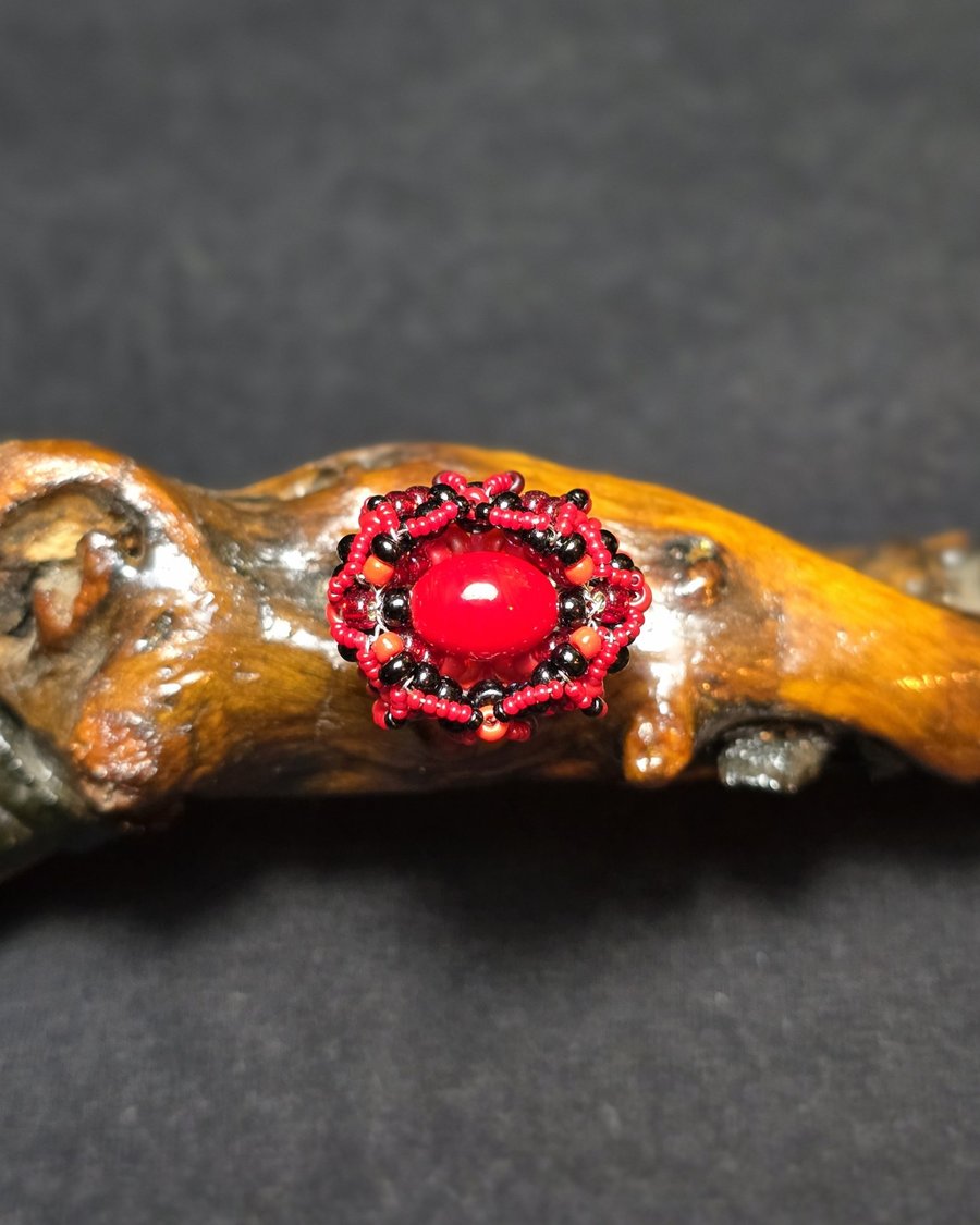 Red Black Glass Adjustable Ring