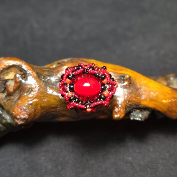 Red Black Glass Adjustable Ring