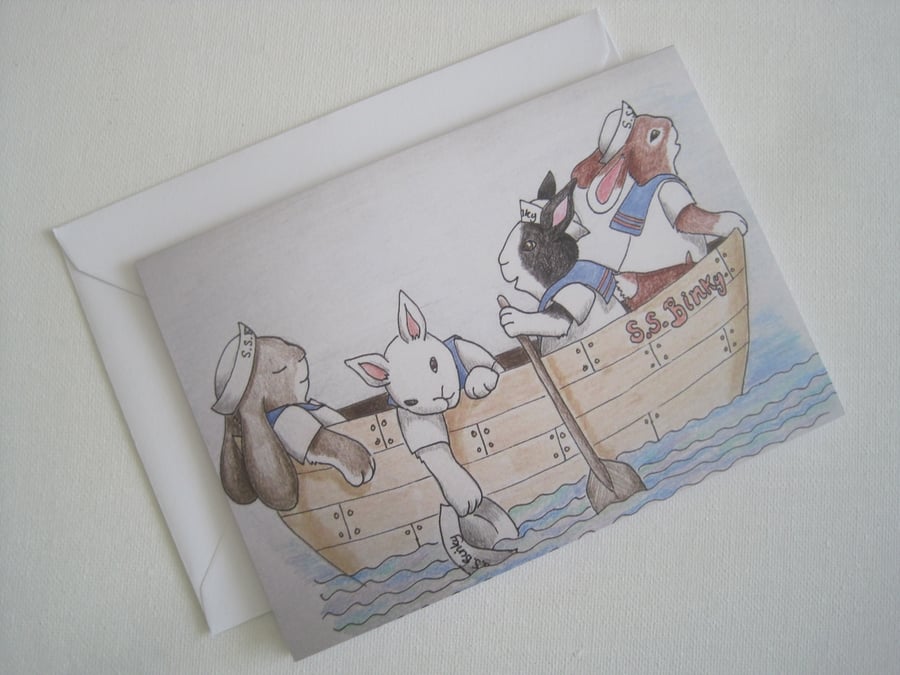 Bunnies in a Rowing Boat Greetings Card