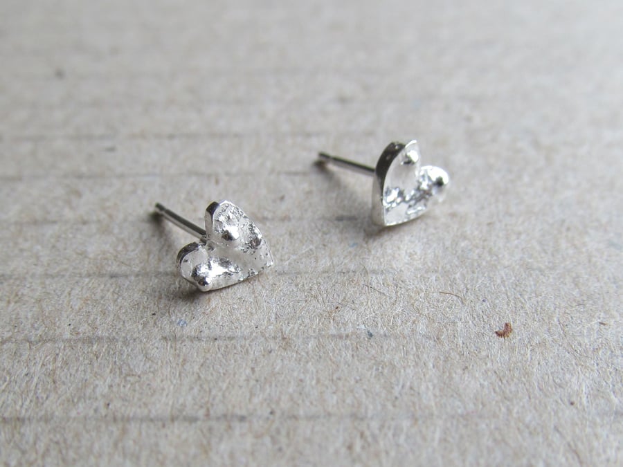 Tiny Granulated and Reticulated Sterling Silver Heart Studs