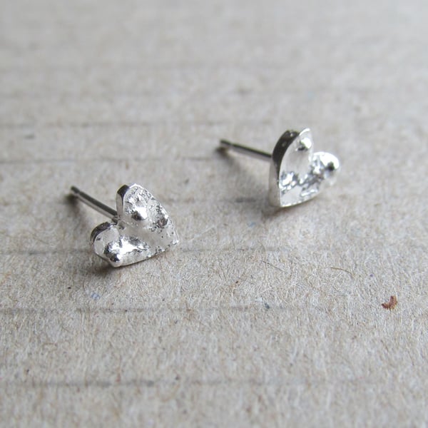 Tiny Granulated and Reticulated Sterling Silver Heart Studs