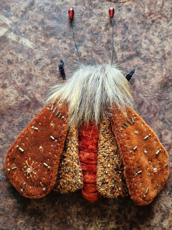 Rust and Amber Autumn Textile Whimsigoth Moth Sculpture 