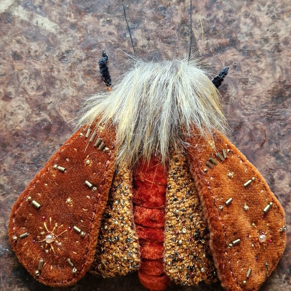 Rust and Amber Autumn Textile Whimsigoth Moth Sculpture 