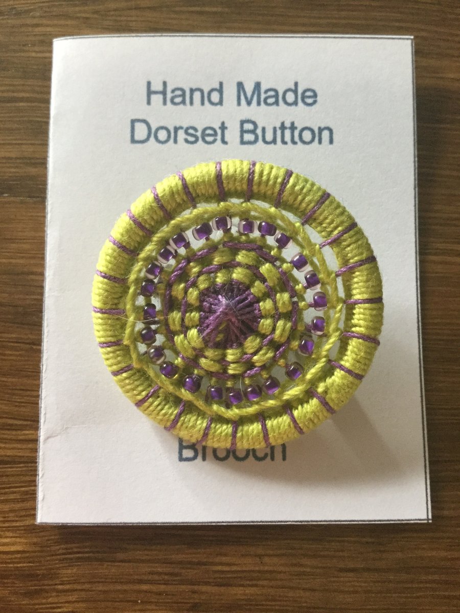 Beaded Dorset Button Brooch, Lime and Lavender, B12