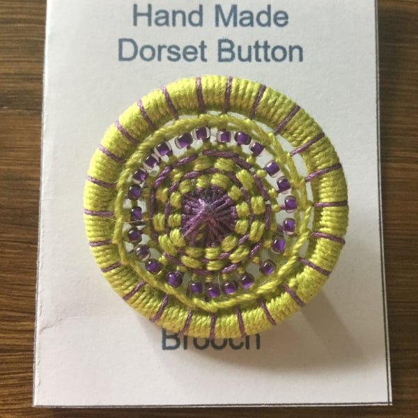 Beaded Dorset Button Brooch, Lime and Lavender, B12