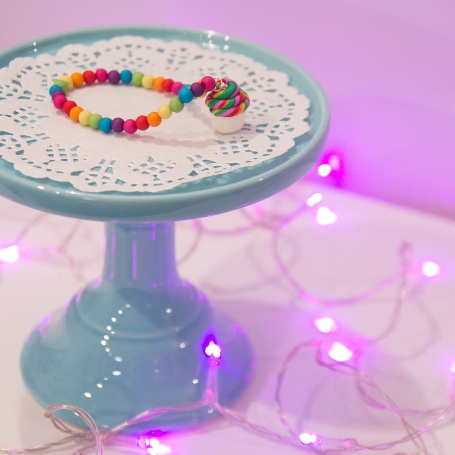 Retro Rainbow cupcake multi coloured bracelet quirky, fun, unique, handmade