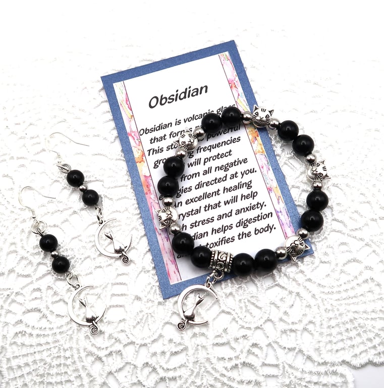 Obsidian Elasticated Cat Bracelet and Earrings Set. 