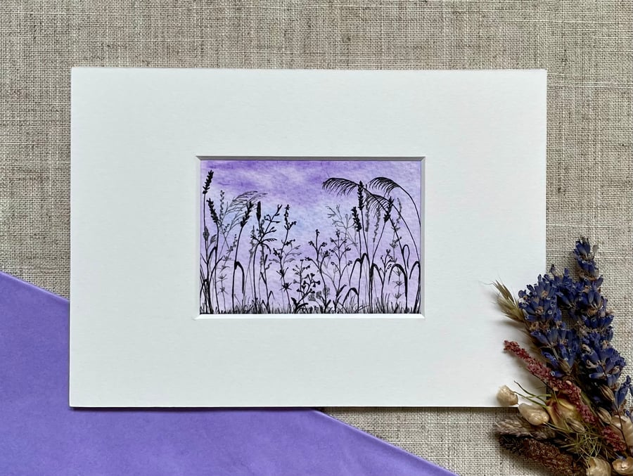 ACEO - original watercolour & ink silhouette of grasses and flower seed heads.