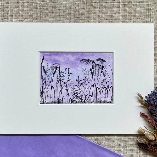 ACEO - original watercolour & ink silhouette of grasses and flower seed heads.