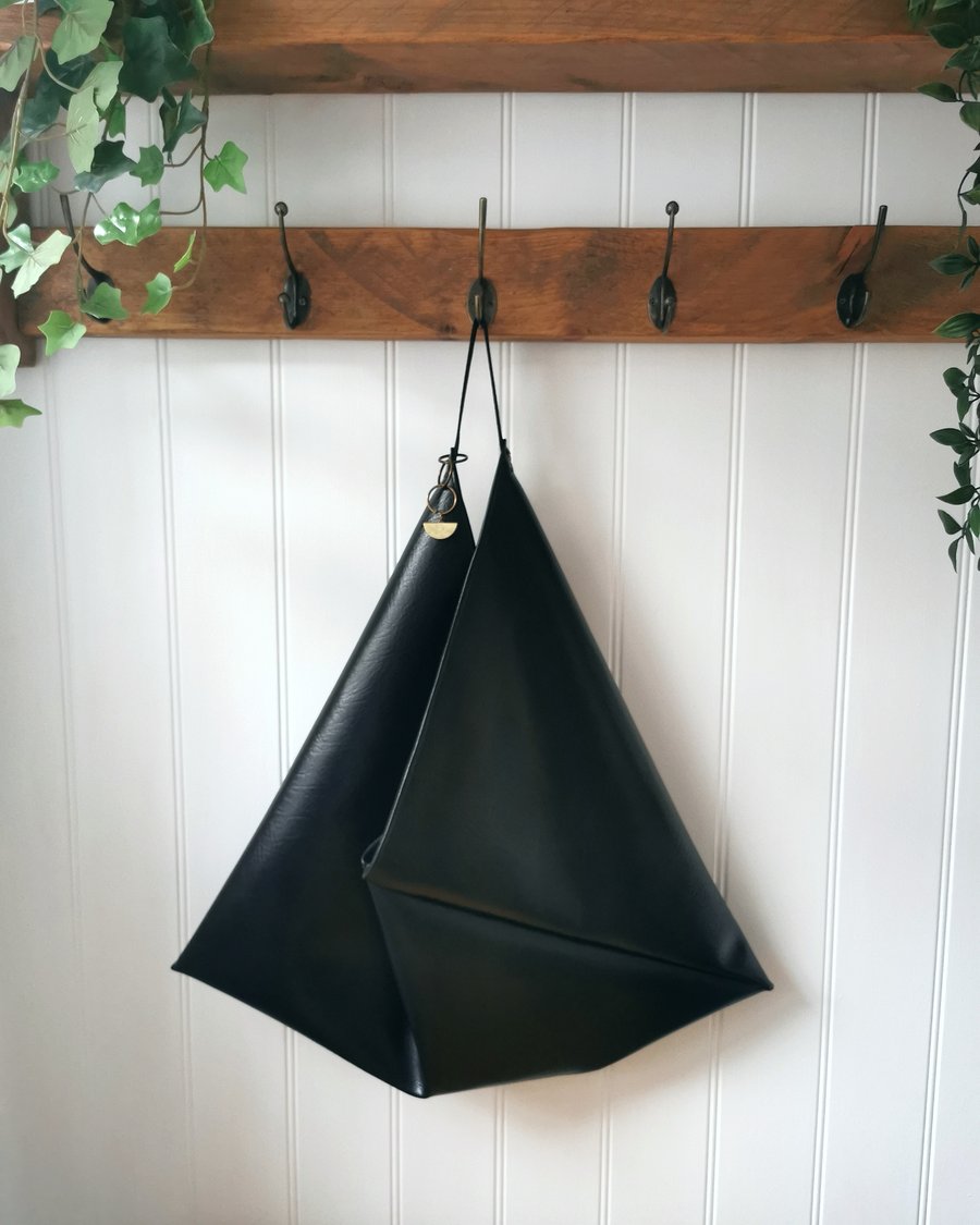 Black Vegan Leather Origami Bag with Faux Suede Straps and Gold Half Moon Charm