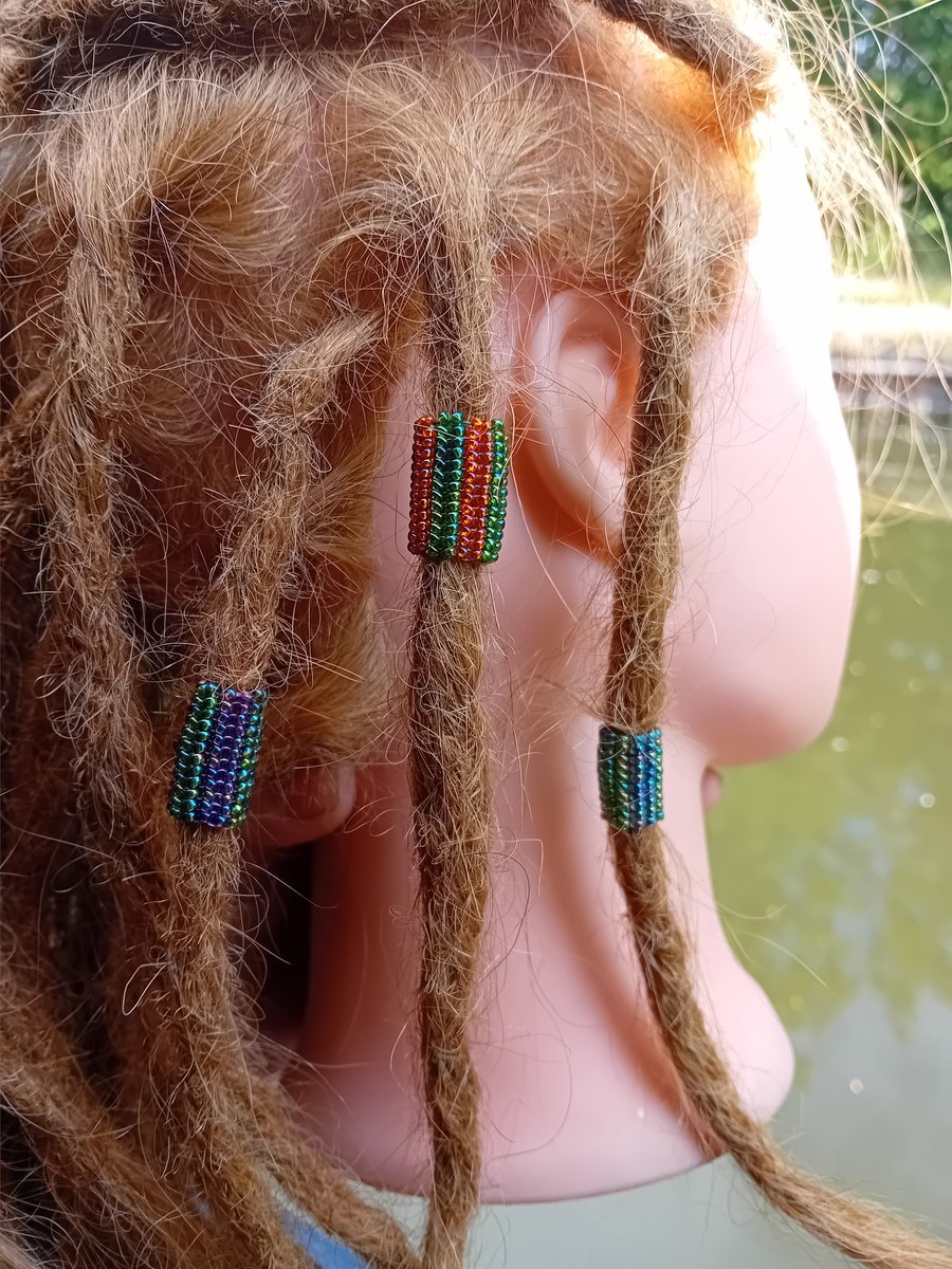 Green striped herringbone dreadlock hair beads