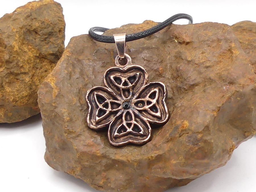 Copper Celtic Four Leaf Clover and Black Spinel Gemstone Pendant Necklace