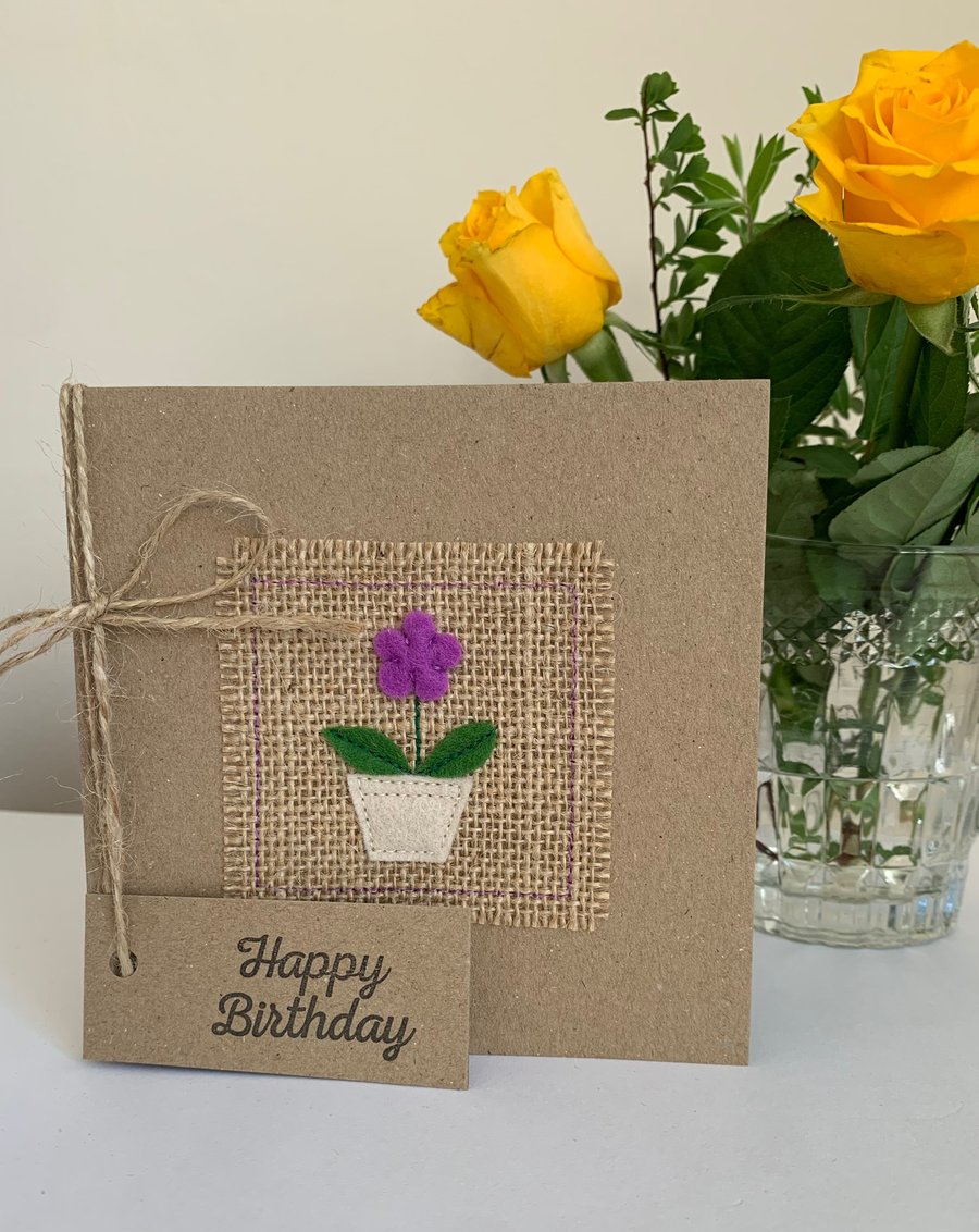 Birthday card. Light purple potted flower. Wool felt. Handmade Card.