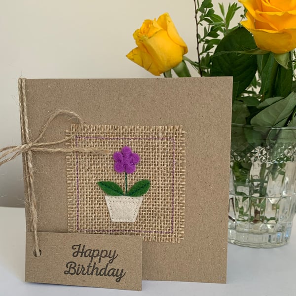 Birthday card. Light purple potted flower. Wool felt. Handmade Card.