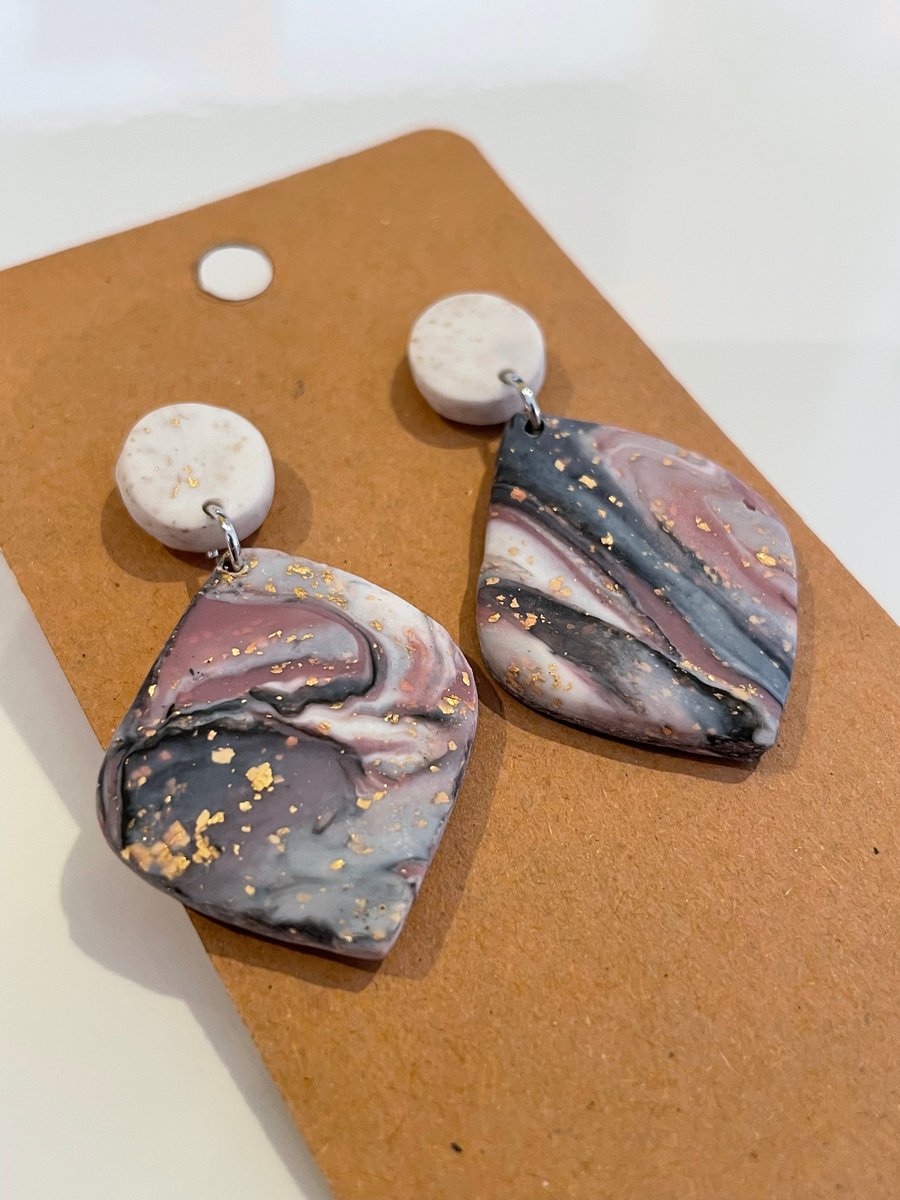 Handmade Polymer Clay Earrings - Marble effect with White Stud
