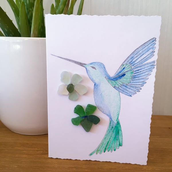 Cornish sea glass ‘Hummingbird’  hand drawn card