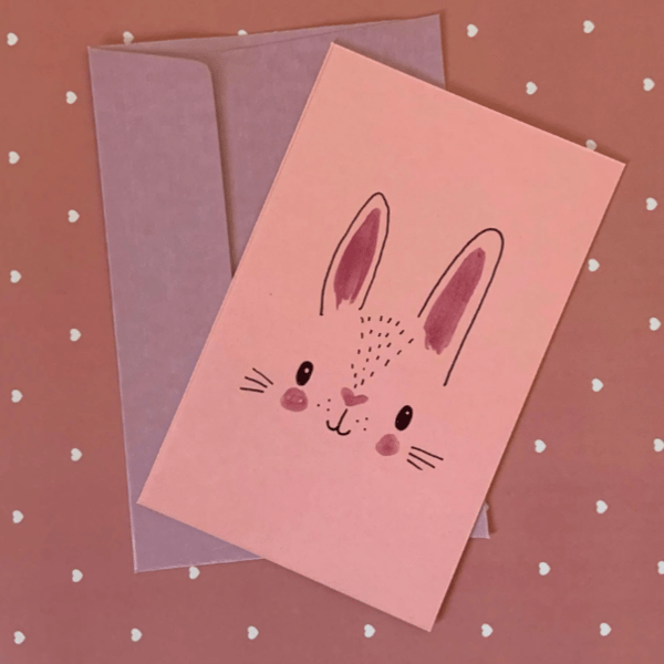 Handmade Bunny Greeting Card – Cute Pink Rabbit Illustration