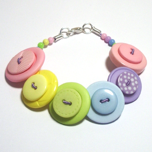 Pastels Green, Pink, Lilac, Yellow & Blue button bracelet FREE UK SHIPPING