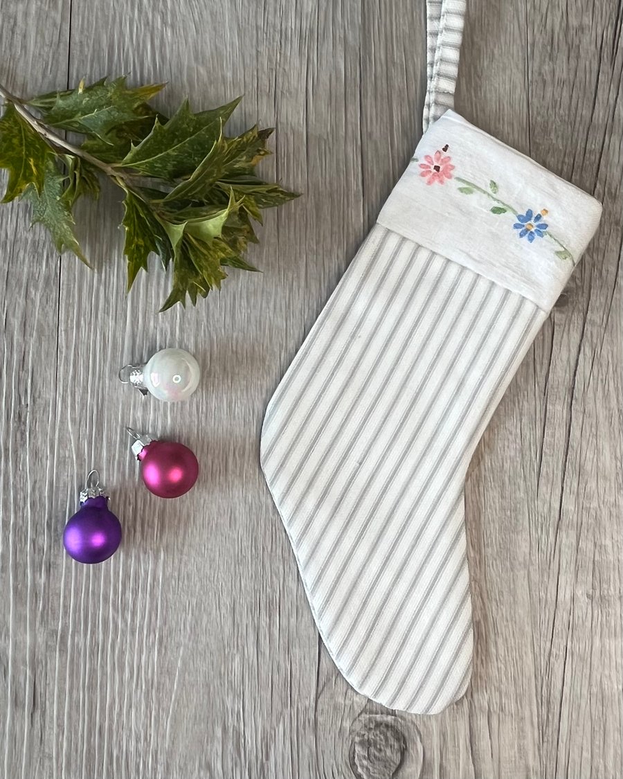 Vintage Table Linen Embroidered Christmas Stocking Decoration 