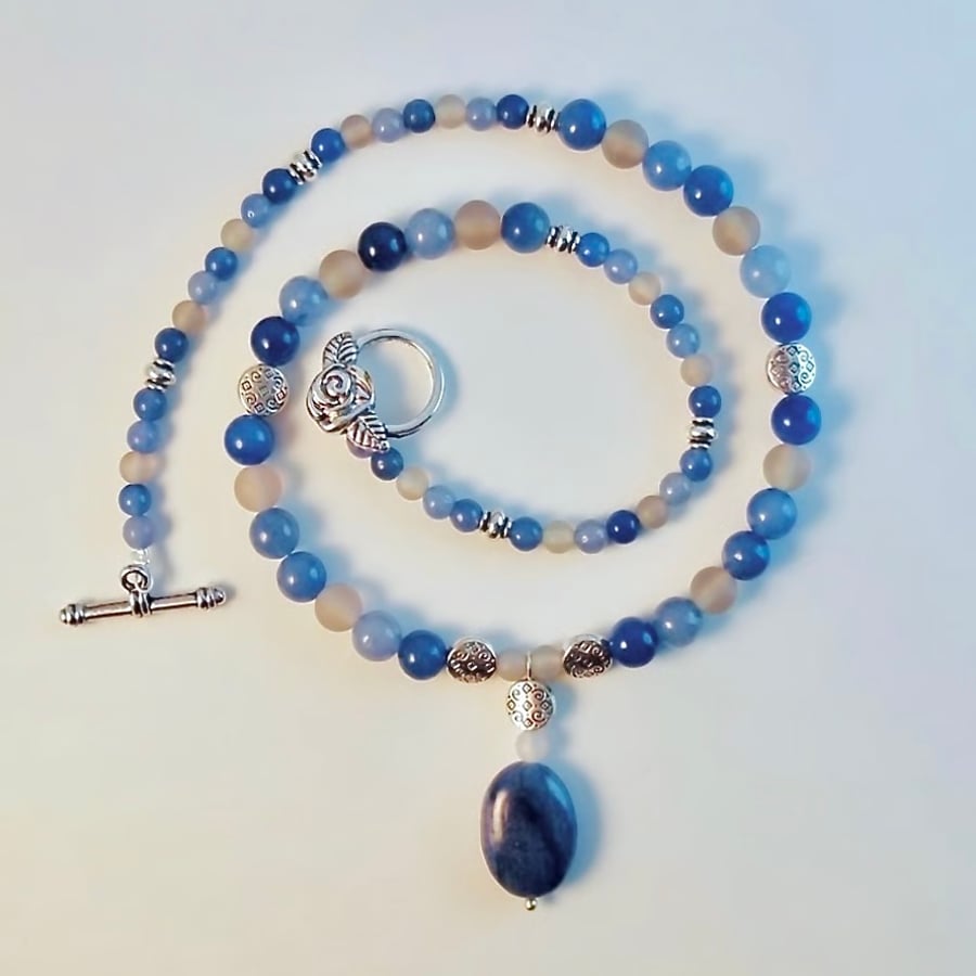 Blue Aventurine Necklace With Grey Agate - Handmade In Devon