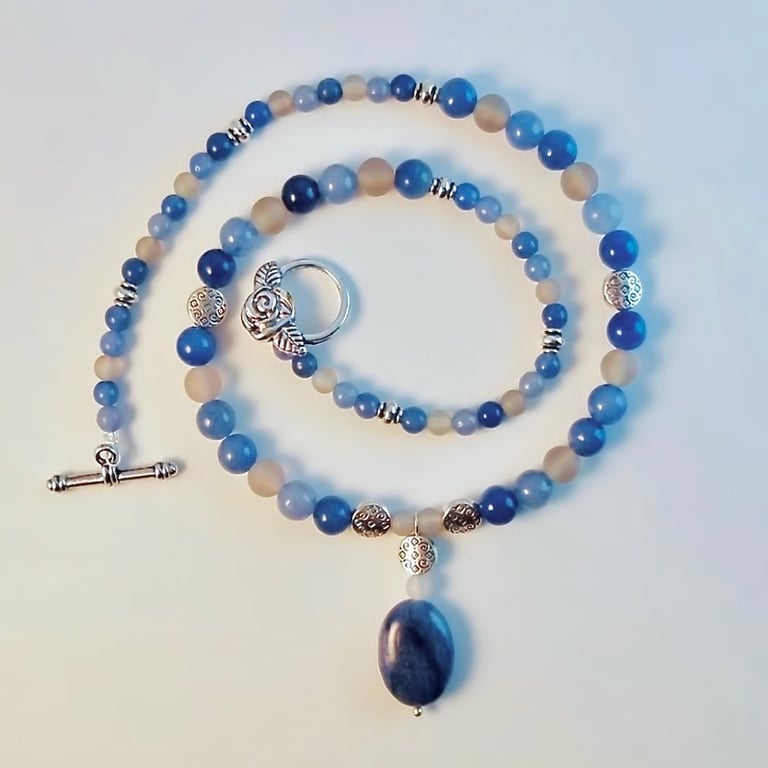 Blue Aventurine Necklace With Grey Agate - Handmade In Devon