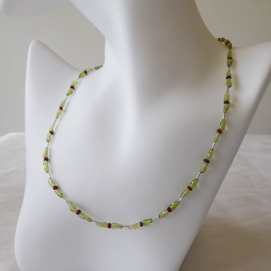 Peridot and Ruby Necklace with Sterling and Fine Silver 