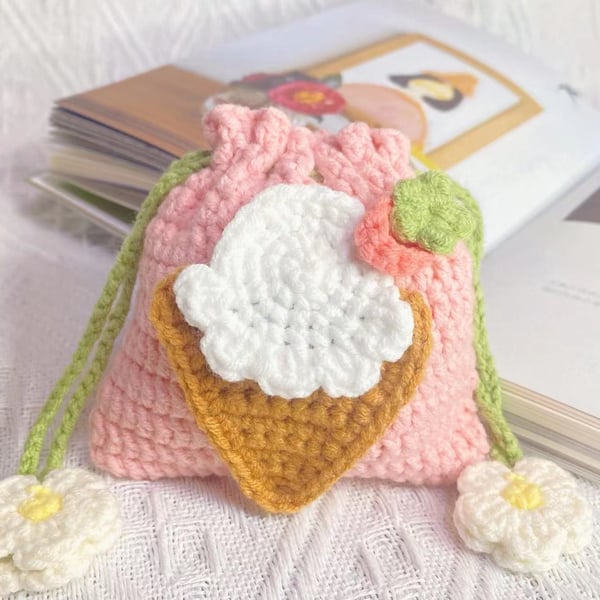 Crochet Ice Cream Drawstring Bag