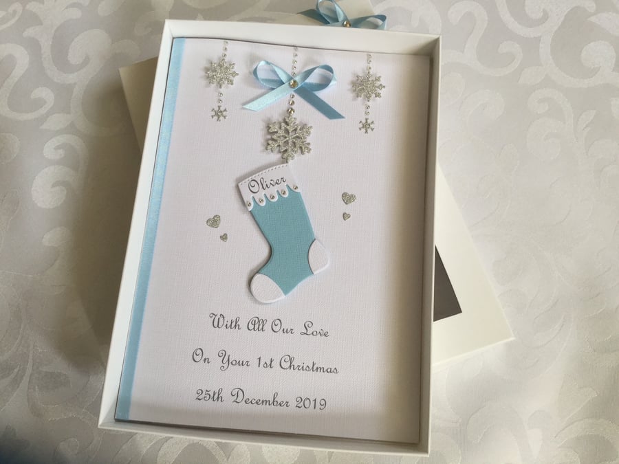 Baby’s 1st Christmas Card Personalised Boxed Son Grandson Godson Keepsake First