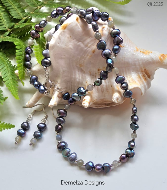  Designer Peacock Keshi Pearls, Moonstone Necklace & Earrings Set 925