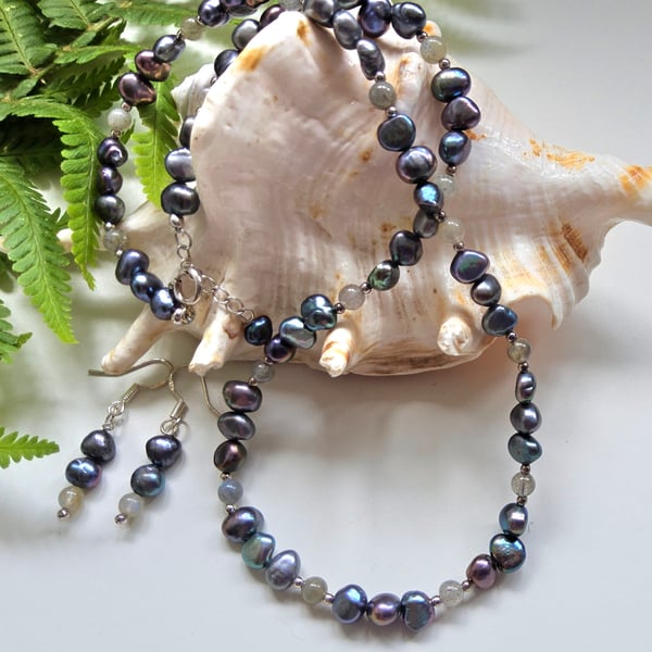  Peacock Keshi Pearls, Moonstone Necklace & Earrings Set 925